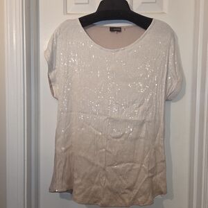 Crosby: Women's White/beige/tan Ombre Sequins Short Sleeve Blouse.  Size L.